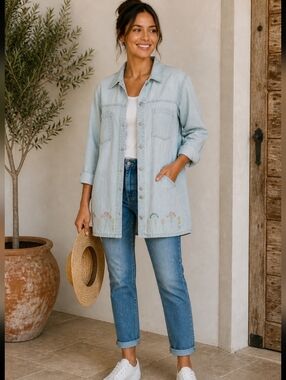 Denim&Co Light Blue Embroidered Denim Shirt Chore Jacket with Blue Floral Lining